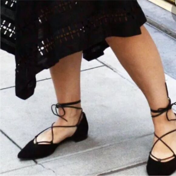 NWT Stuart Weitzman Black Suede Gilligan Ankle Wrap Ballet Flat - Picture 1 of 7